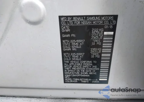 2015 Nissan Rogue Sv z USA, uszkodzony, nr VIN KNMAT2MV0FP548464